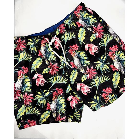 TOMMY BAHAMA BLACK RED GREEN BLUE BIRD FLORAL POLY SWIM SHORTS TRUNKS SIZE XL